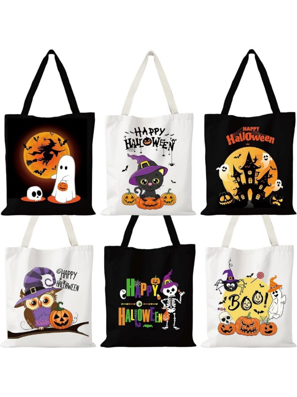 6 Halloween Tote Bags - 13.4” Trick or Treat Bags for Party Favors & Gifts